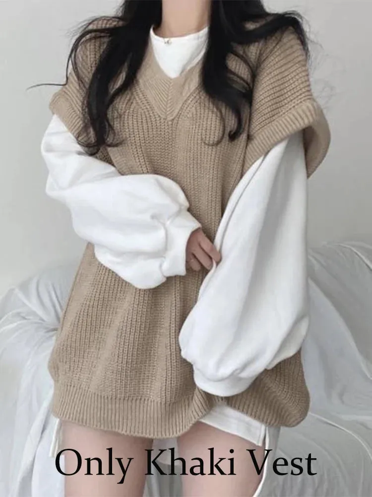 Hnewly Autumn Winter Vest Women Korean Style Knitted Sweaters Female Oversized Preppy Jumper Ladies Casual Loose Long Sleeve Pullovers