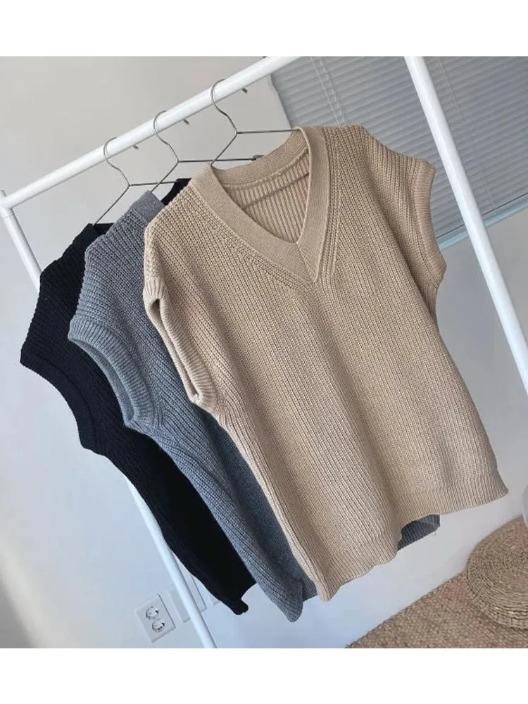 Hnewly Autumn Winter Vest Women Korean Style Knitted Sweaters Female Oversized Preppy Jumper Ladies Casual Loose Long Sleeve Pullovers