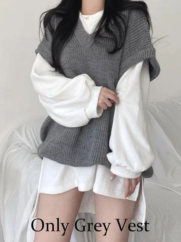 Hnewly Autumn Winter Vest Women Korean Style Knitted Sweaters Female Oversized Preppy Jumper Ladies Casual Loose Long Sleeve Pullovers