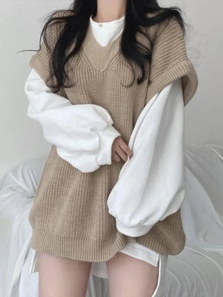 Hnewly Autumn Winter Vest Women Korean Style Knitted Sweaters Female Oversized Preppy Jumper Ladies Casual Loose Long Sleeve Pullovers