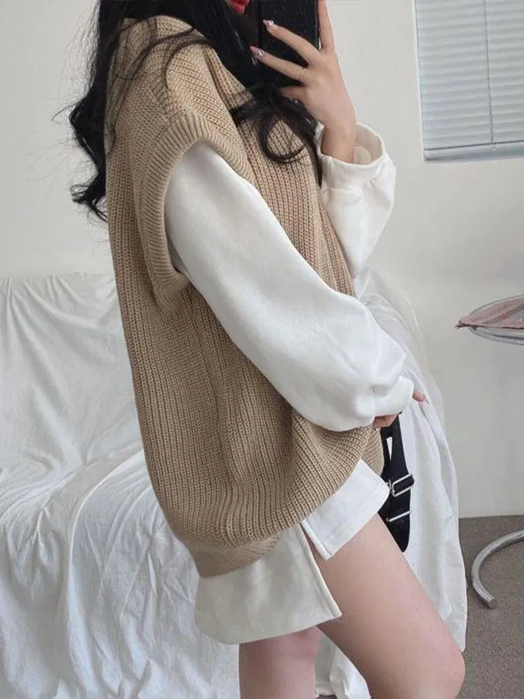 Hnewly Autumn Winter Vest Women Korean Style Knitted Sweaters Female Oversized Preppy Jumper Ladies Casual Loose Long Sleeve Pullovers