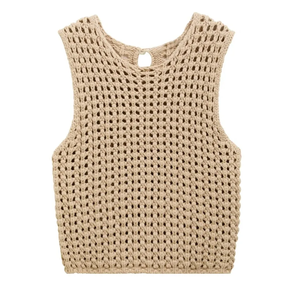 Hollow Out Knitting Pullover Sweaters For Women Round Neck Sleeveless Loose Casual Vests Female Fashion Clothing