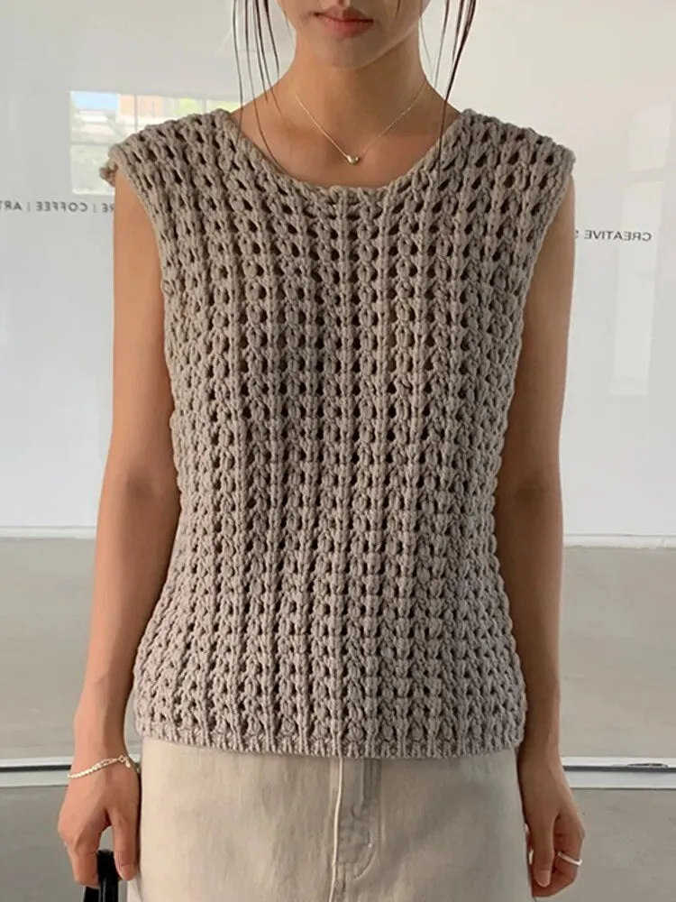 Hollow Out Knitting Pullover Sweaters For Women Round Neck Sleeveless Loose Casual Vests Female Fashion Clothing