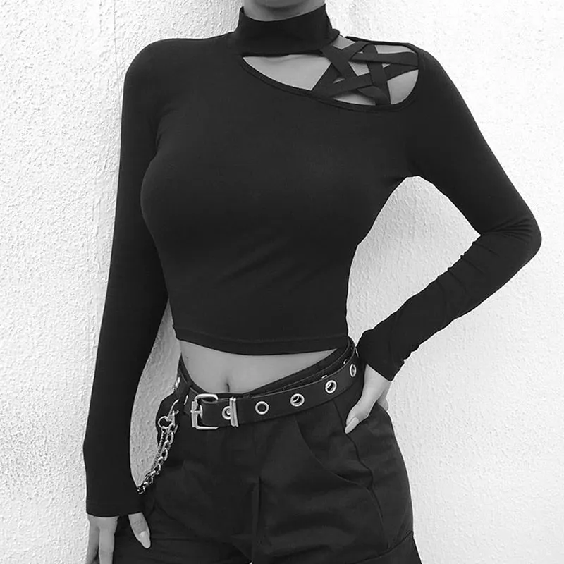 Hollow Out Pentagram Turtleneck Crop Top Long Sleeve