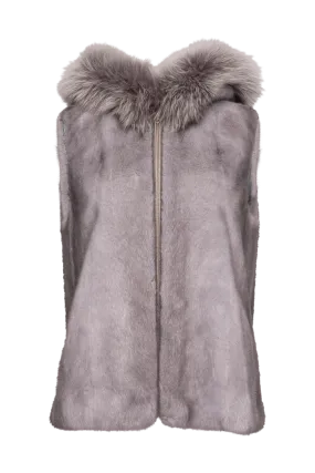 Hooded Zip-Up Sapphire Mink Fur Vest - Fox Fur Hood Trim