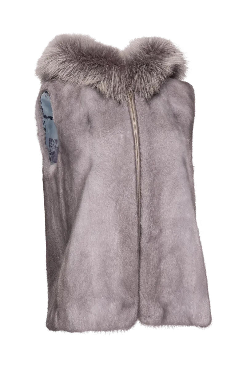 Hooded Zip-Up Sapphire Mink Fur Vest - Fox Fur Hood Trim