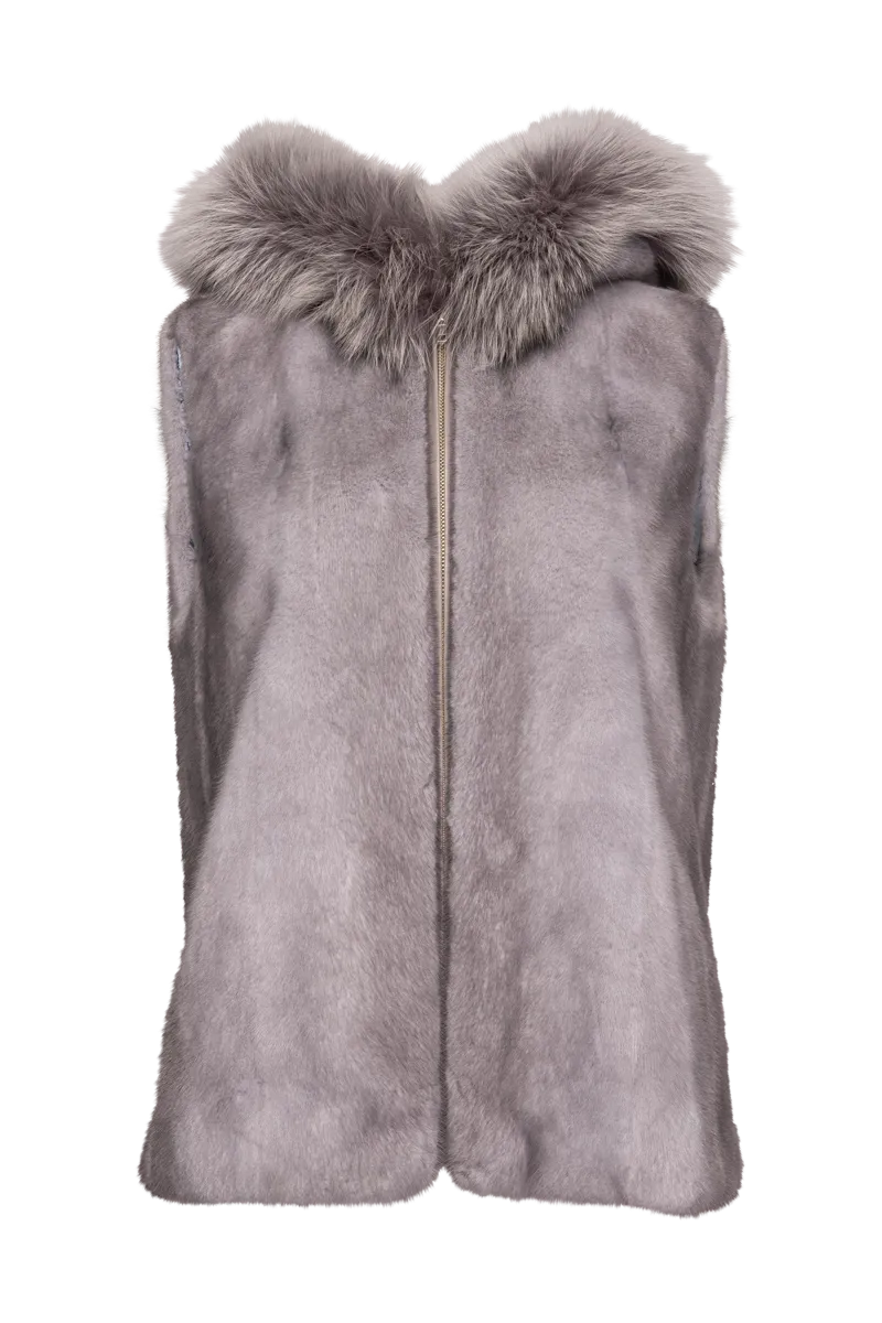 Hooded Zip-Up Sapphire Mink Fur Vest - Fox Fur Hood Trim