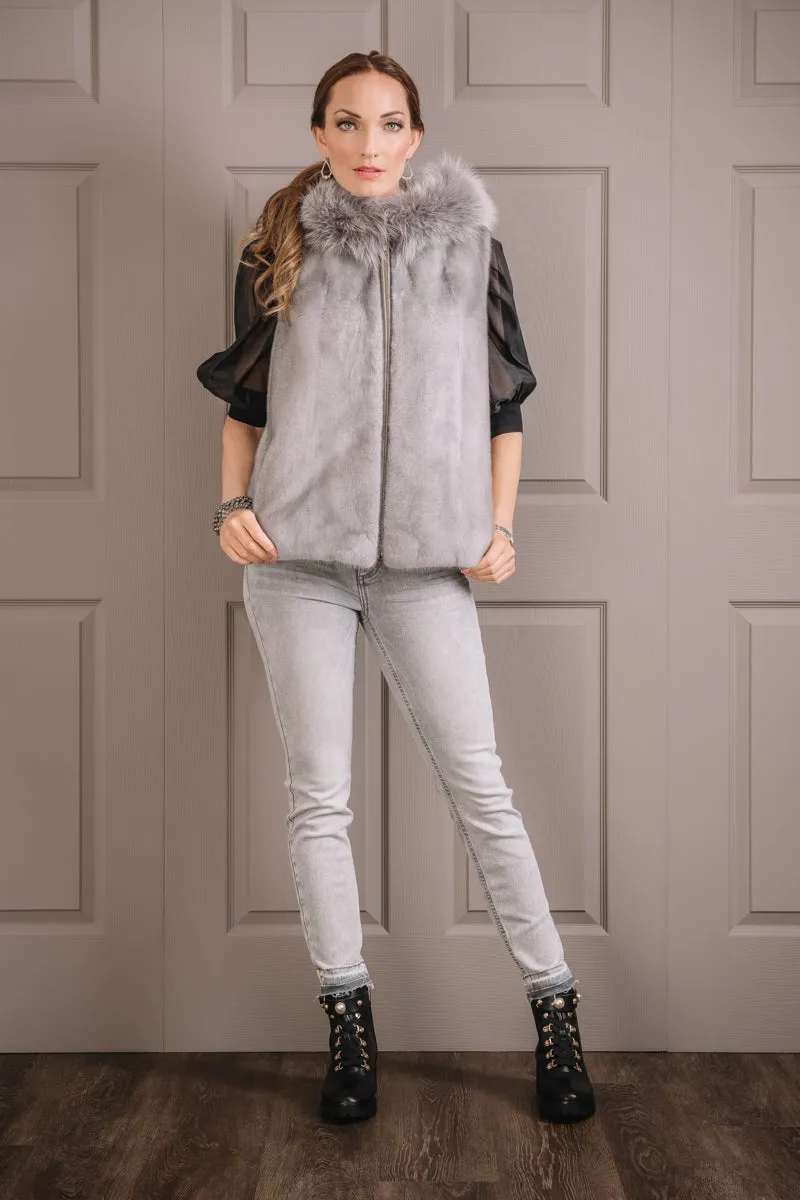 Hooded Zip-Up Sapphire Mink Fur Vest - Fox Fur Hood Trim