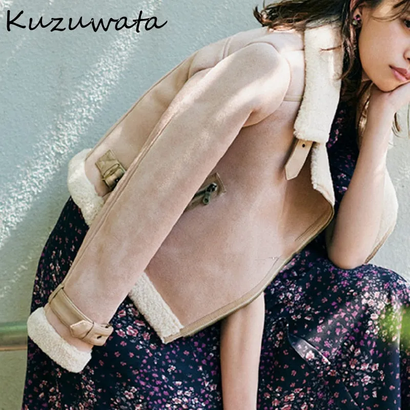 Joskaa Christmas Gift Kuzuwata 2024 Autumn Winter New Women Outwear Warm Plush Lapel Collar Long Sleeve Zippers Short Coats Japan Style Cool Jackets