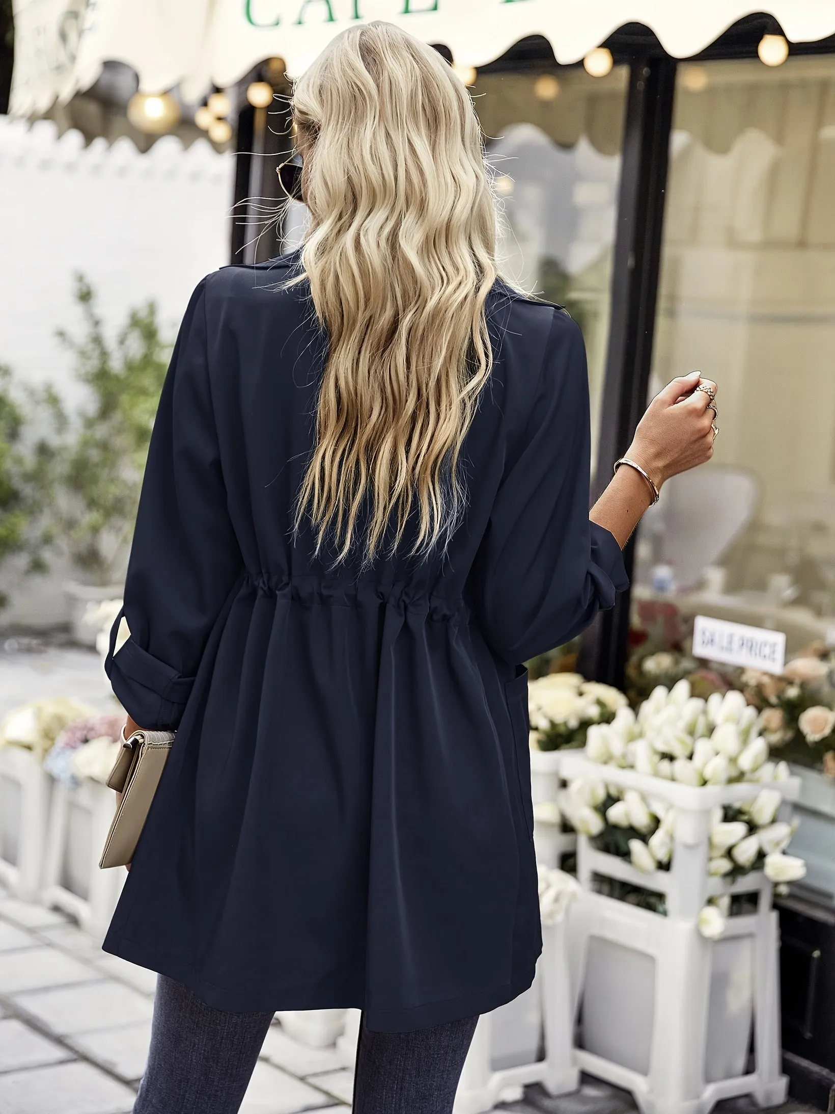 Lapel Drawstring Waist Casual Long Sleeve Fashion Slim Outerwear