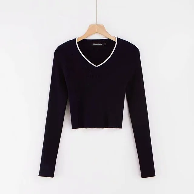 Long Sleeve Polo Shirts Knitted Sllim Blouse