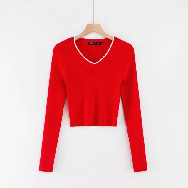 Long Sleeve Polo Shirts Knitted Sllim Blouse