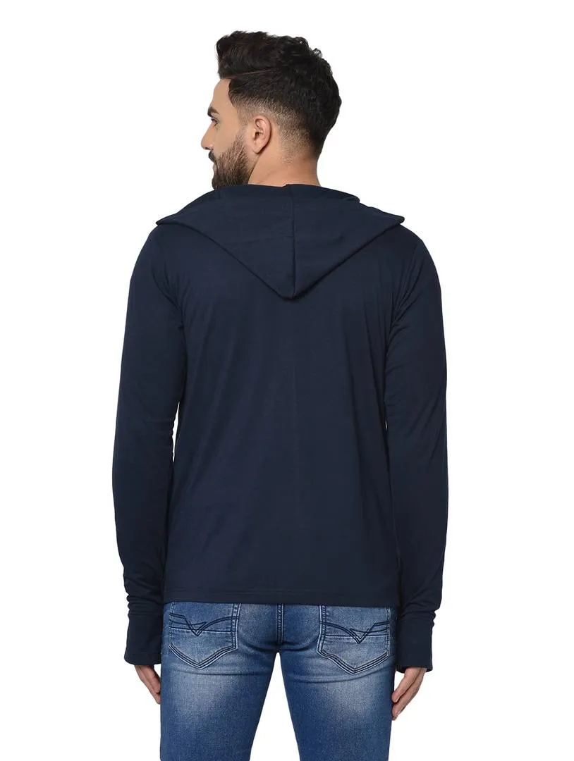 Men's Blue Polycotton Solid Long Sleeves Hooded Cardigan