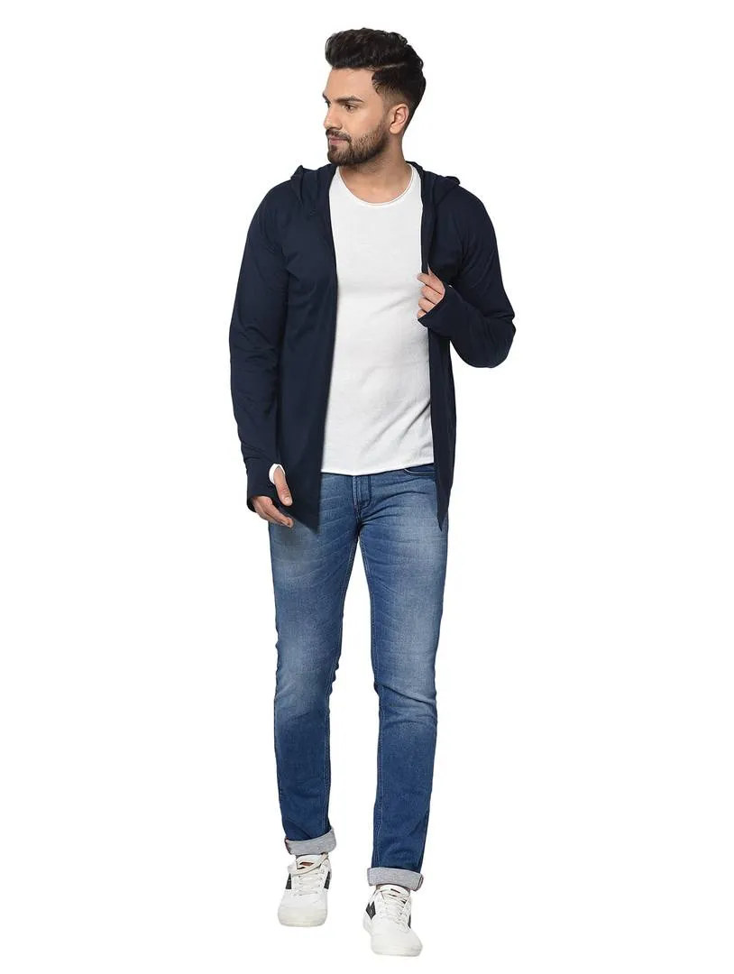 Men's Blue Polycotton Solid Long Sleeves Hooded Cardigan