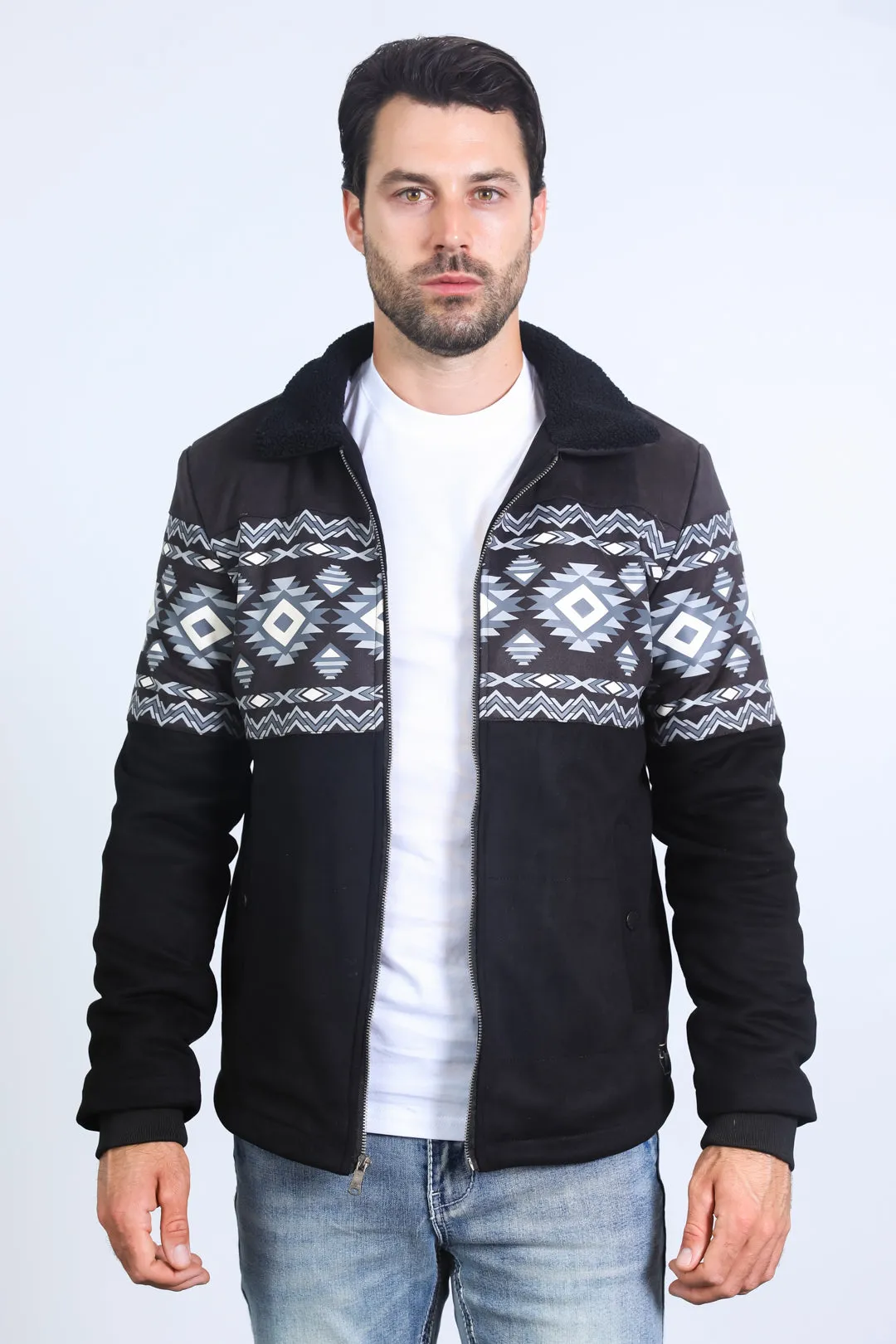 Mens Ethnic Aztec Fur Lined Quilted Suede Black Jacket