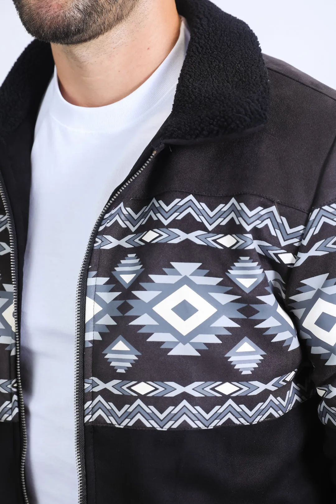 Mens Ethnic Aztec Fur Lined Quilted Suede Black Jacket