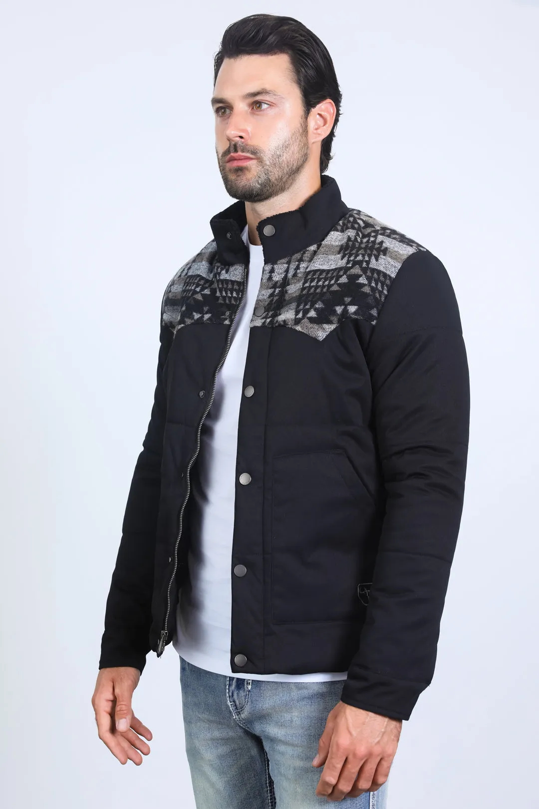 Men's Ethnic Aztec Quilted Fur Lined Twill Black Jacket