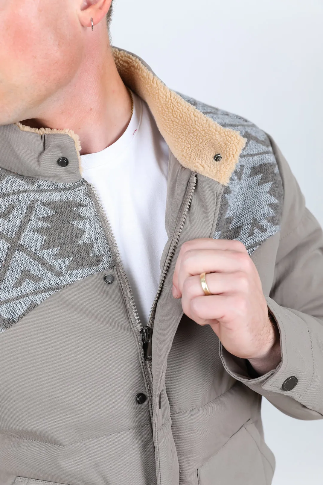 Men's Ethnic Aztec Quilted Fur Lined Twill Mink Jacket