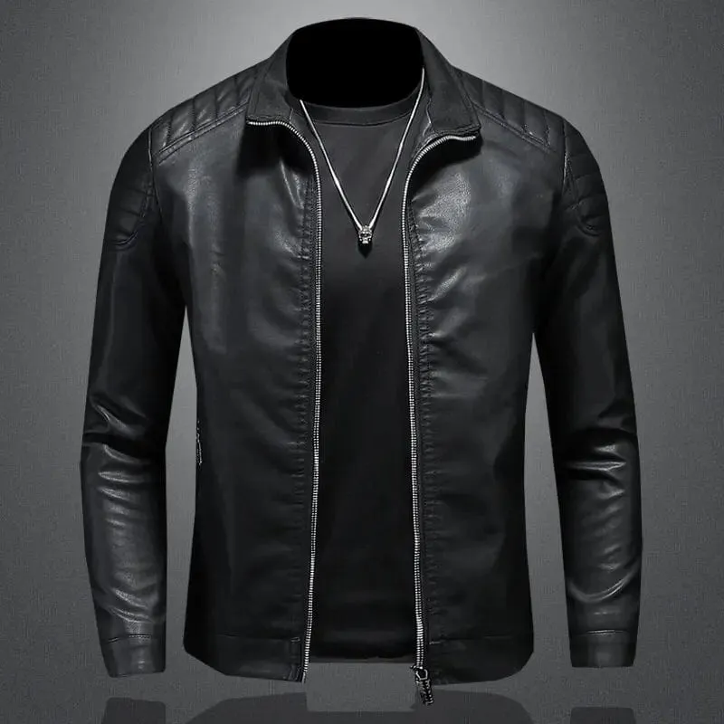 Men's PU Leather Motorcycle Jacket | Stand Collar Casual Windbreaker | Trendy Black and Blue