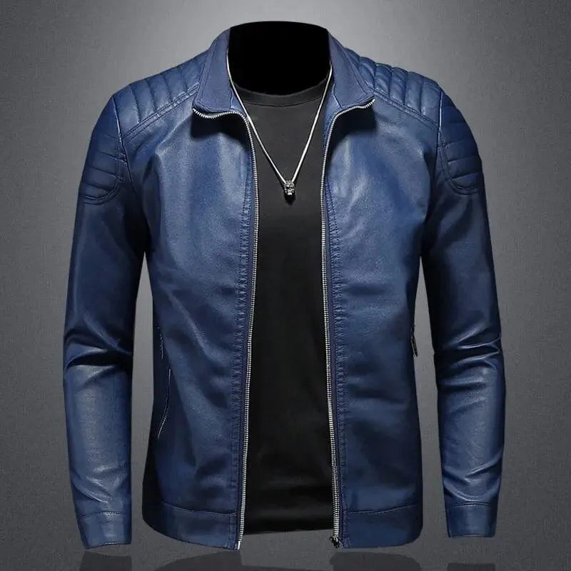 Men's PU Leather Motorcycle Jacket | Stand Collar Casual Windbreaker | Trendy Black and Blue