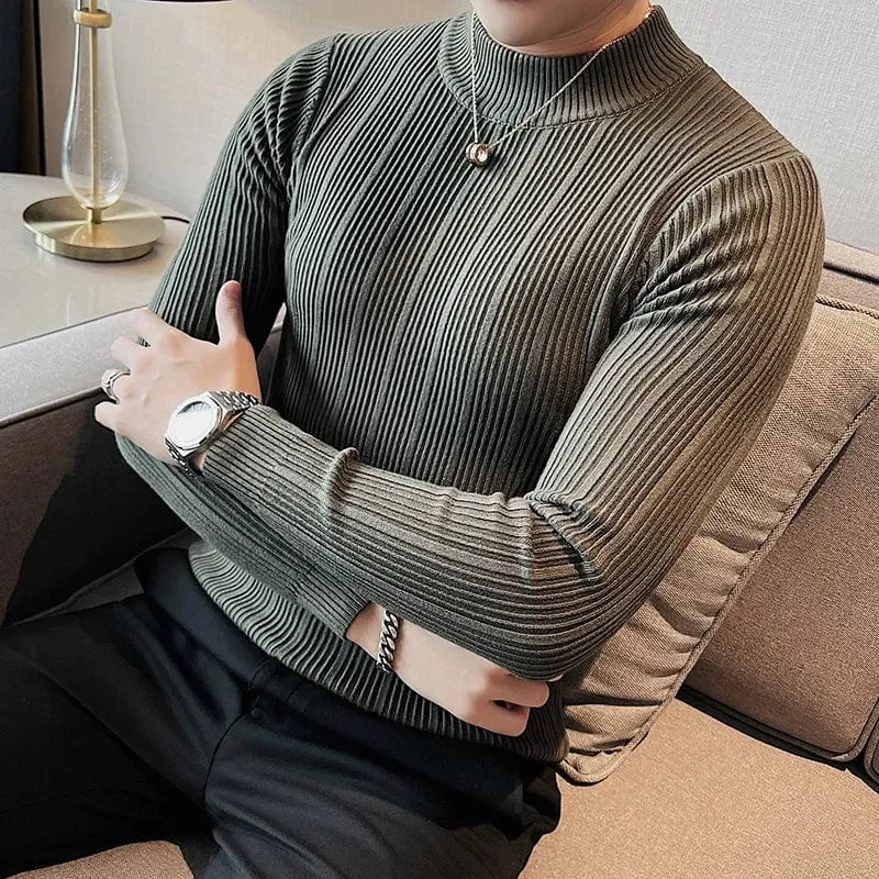 Men’s Slim Fit Turtleneck Knitted Sweater – Autumn Casual Striped Pullover Warm Top