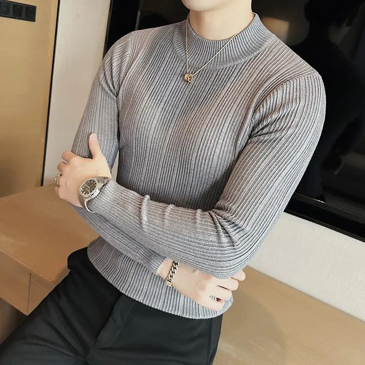 Men’s Slim Fit Turtleneck Knitted Sweater – Autumn Casual Striped Pullover Warm Top