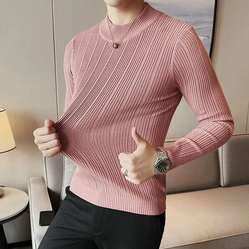 Men’s Slim Fit Turtleneck Knitted Sweater – Autumn Casual Striped Pullover Warm Top