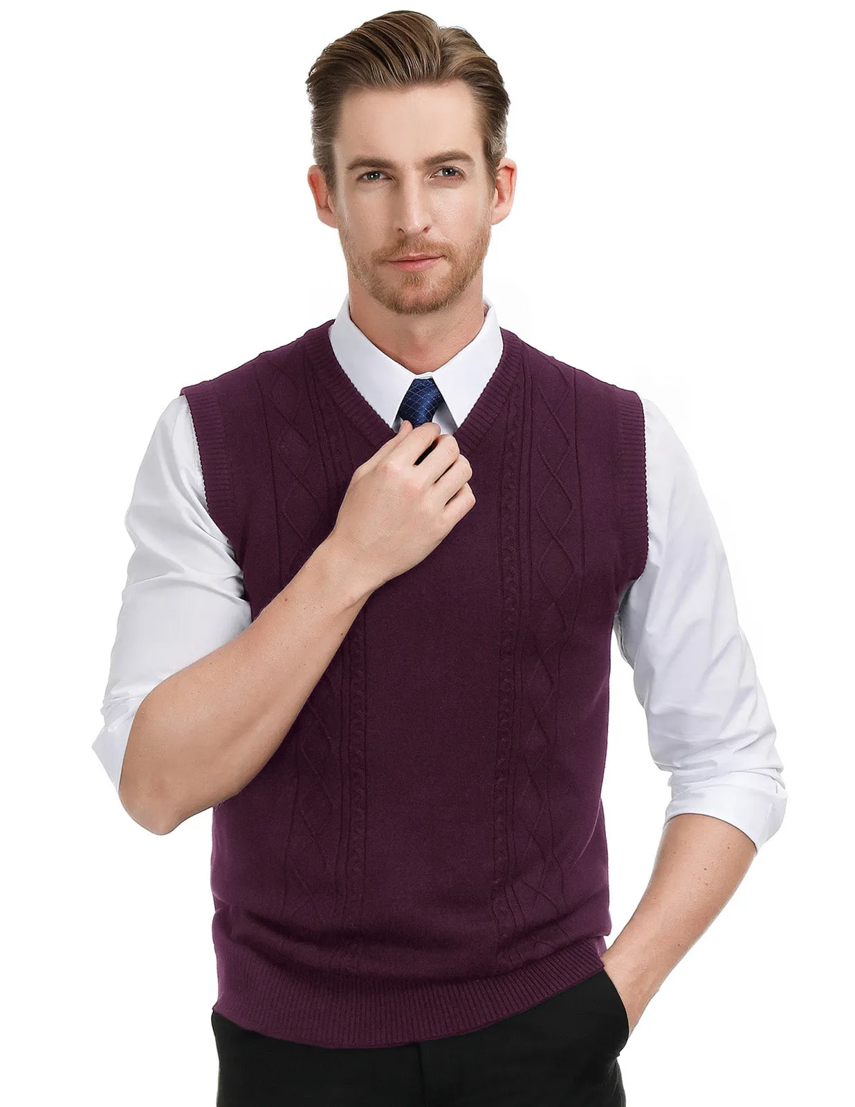 Men's V Neck Sweater Vest Cable Knitted Pullover Sweaters Vest