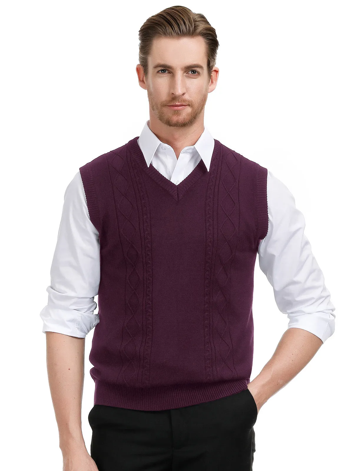 Men's V Neck Sweater Vest Cable Knitted Pullover Sweaters Vest