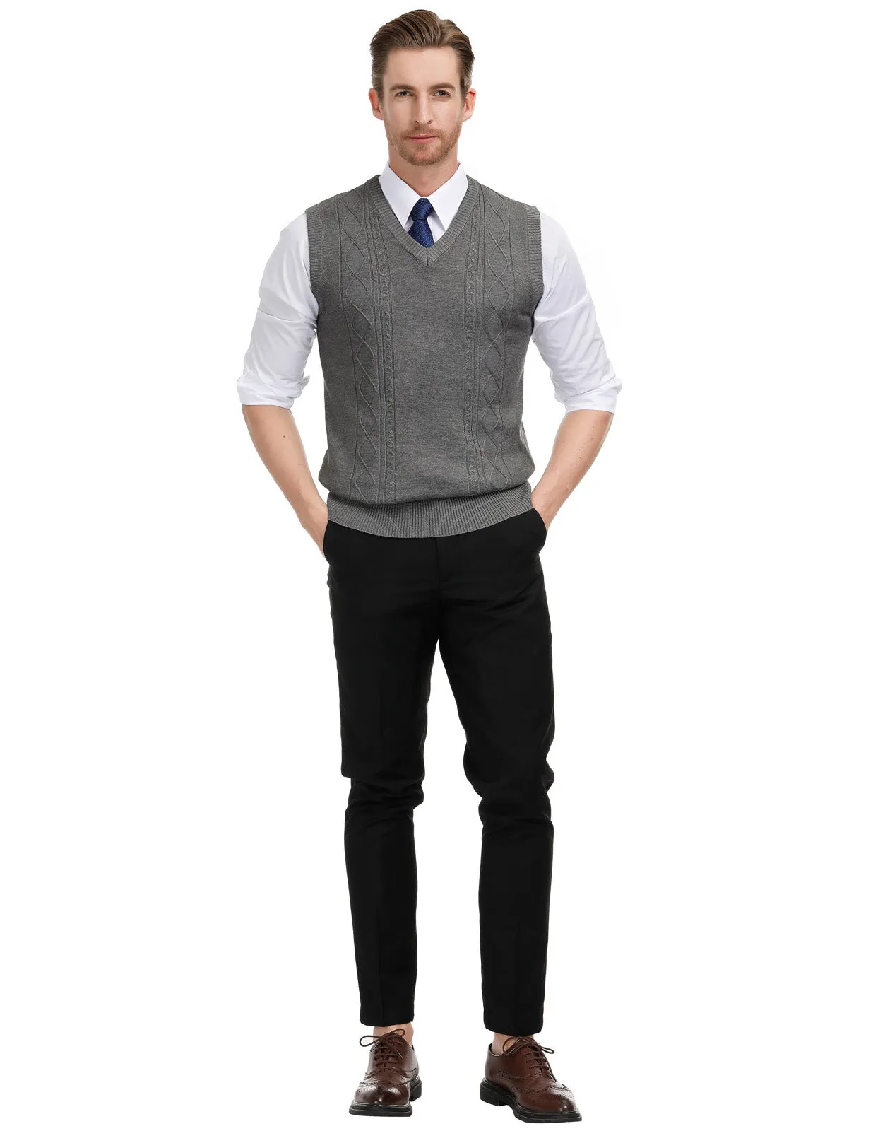 Men's V Neck Sweater Vest Cable Knitted Pullover Sweaters Vest