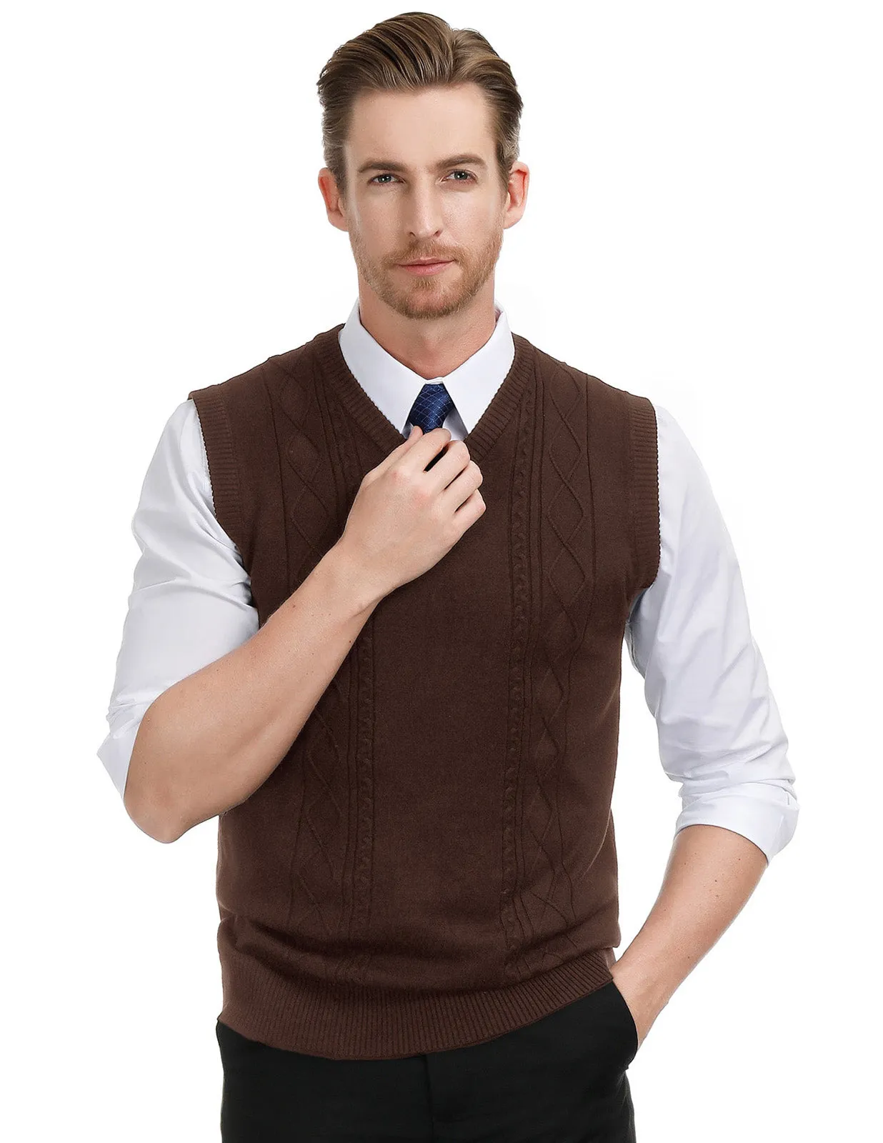 Men's V Neck Sweater Vest Cable Knitted Pullover Sweaters Vest