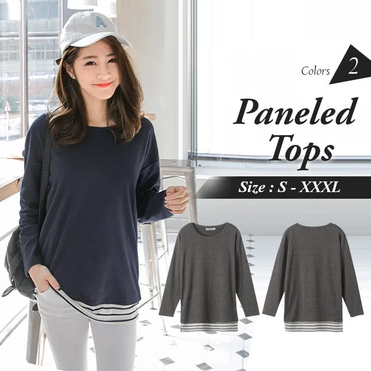 PANELED STRIPED ROUND NECK TOPS