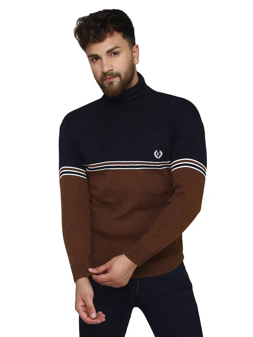 Self Design  Blue Synthetic Long Sleeves Turtle Neck  Sweaters