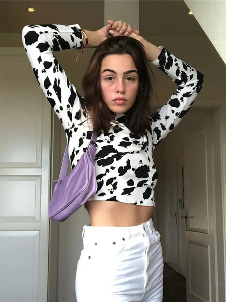 Sexy Milk Cow Pattern Long Sleeve Tee