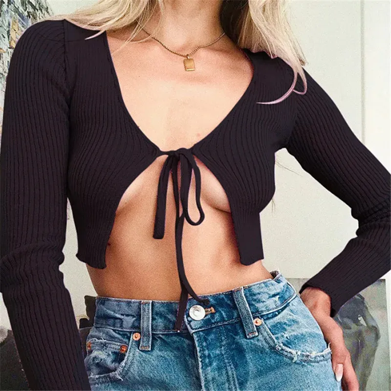 Sexy V-Neck Cardigan With Chest Bow and Drawstring Long Sleeve Tee