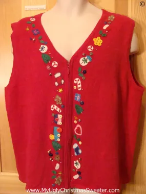 Tacky Red Christmas Sweater Vest w- Toys Candycanes