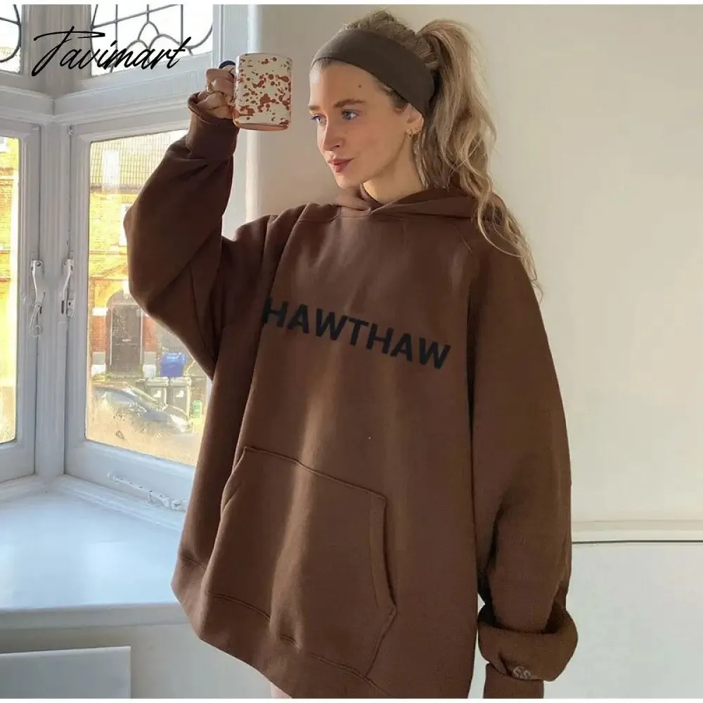 Tavimart Loose Letter Printed Hooded Sweater Women Casual Sports With Pocket Sweater Pullover Autmn Female Loose Oversiaze Sweaters Tops