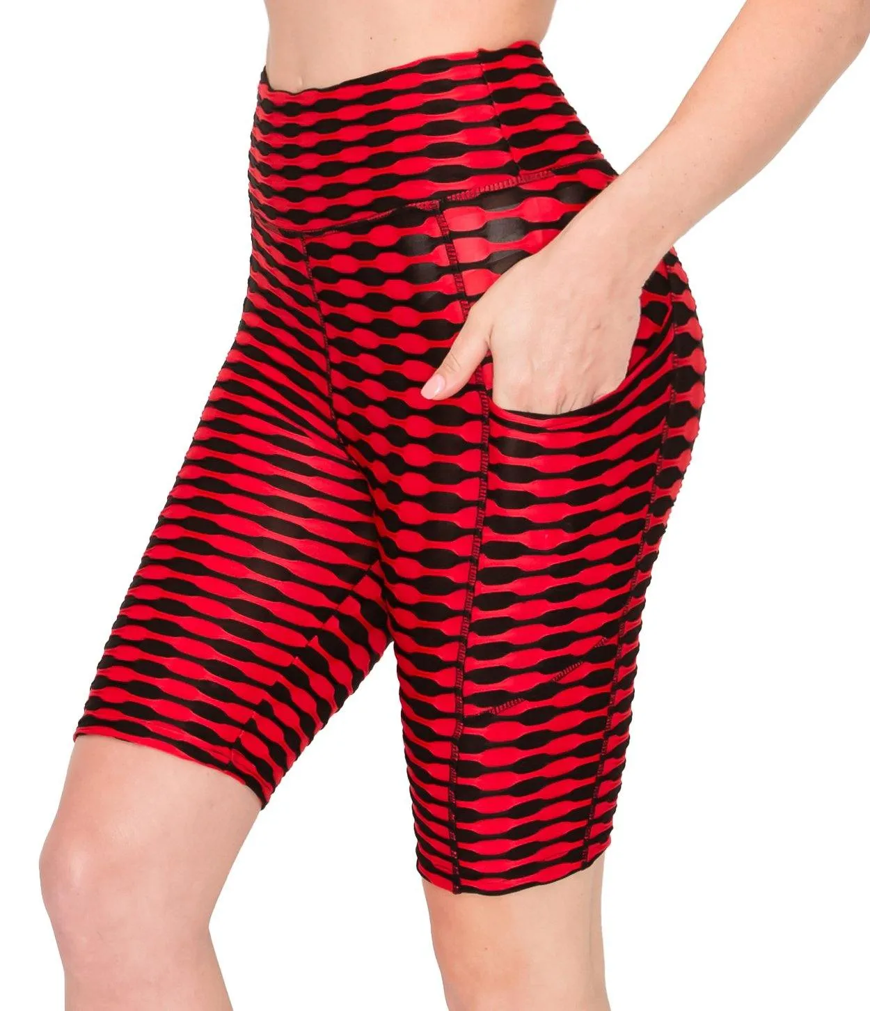 Textured Booty Bike Shorts - Striped High Waist Compression Slimming Butt Lift Bike Shorts with Pockets