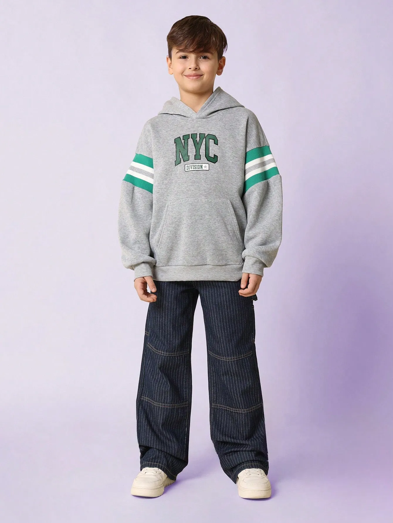 Tween Boys Regular Fit Overhead Colour Blocked Stripe Sleeve Hoodie With NYC Graphic Print