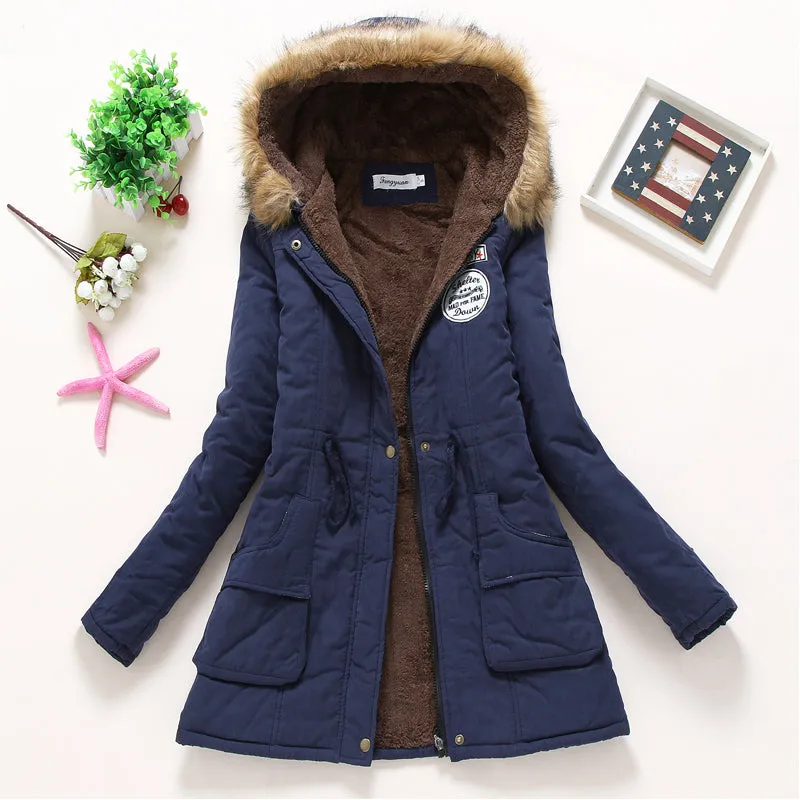 VenusFox long warm hooded cotton fur basic jacket plus size