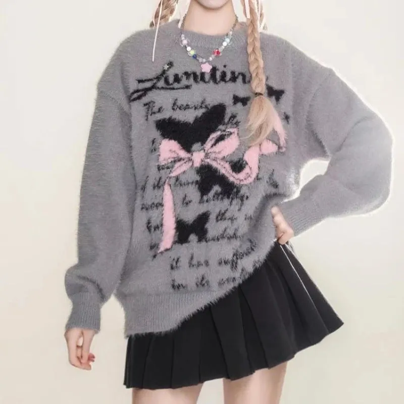 Vevesc Popular Warm Sweet O Neck Long Sleeve Sweaters Harajuku Kawaii Cartoon Print Y2k Pullovers American Lazy Punk Clothes