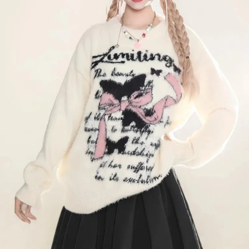 Vevesc Popular Warm Sweet O Neck Long Sleeve Sweaters Harajuku Kawaii Cartoon Print Y2k Pullovers American Lazy Punk Clothes