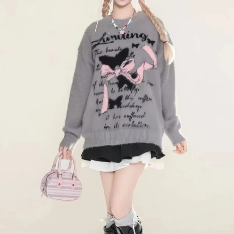 Vevesc Popular Warm Sweet O Neck Long Sleeve Sweaters Harajuku Kawaii Cartoon Print Y2k Pullovers American Lazy Punk Clothes