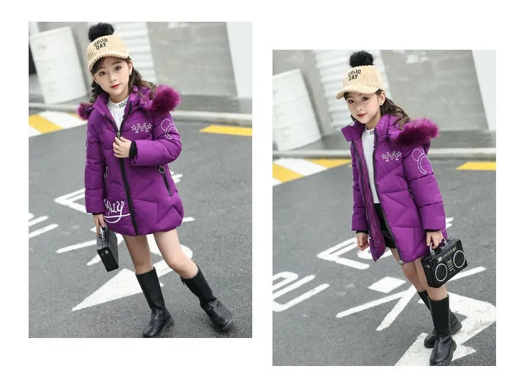 Winter Cotton-padded Jacket Thick Fur Collar Hooded Long Down Outerwear Kids Coats