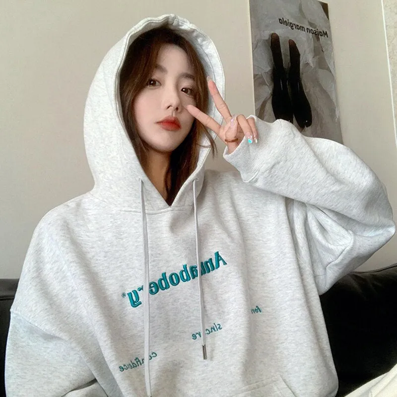 Wjczt American Grey Baggy Pullover Fashion Letter Embroidery Fleece Sweatshirt Lazy Wind Raglan Sleeves Drawstring Hoodie Winter Top