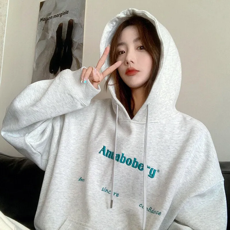 Wjczt American Grey Baggy Pullover Fashion Letter Embroidery Fleece Sweatshirt Lazy Wind Raglan Sleeves Drawstring Hoodie Winter Top