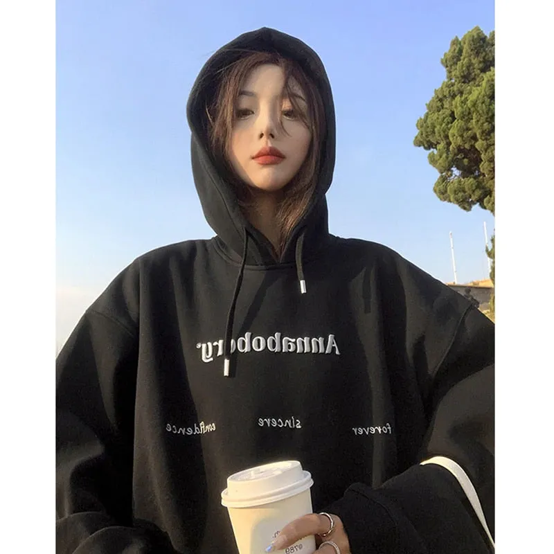 Wjczt American Grey Baggy Pullover Fashion Letter Embroidery Fleece Sweatshirt Lazy Wind Raglan Sleeves Drawstring Hoodie Winter Top