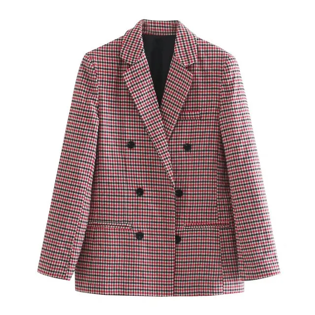 Wjczt Women Fashion Office Wear Double Breasted Check Blazers Coat Vintage Long Sleeve Pockets Female Outerwear Chic Tops