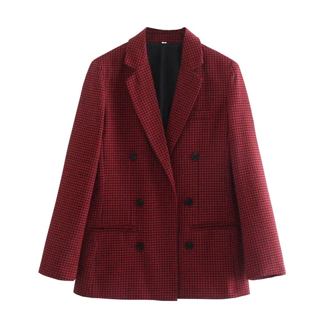 Wjczt Women Fashion Office Wear Double Breasted Check Blazers Coat Vintage Long Sleeve Pockets Female Outerwear Chic Tops