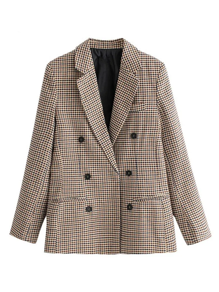 Wjczt Women Fashion Office Wear Double Breasted Check Blazers Coat Vintage Long Sleeve Pockets Female Outerwear Chic Tops